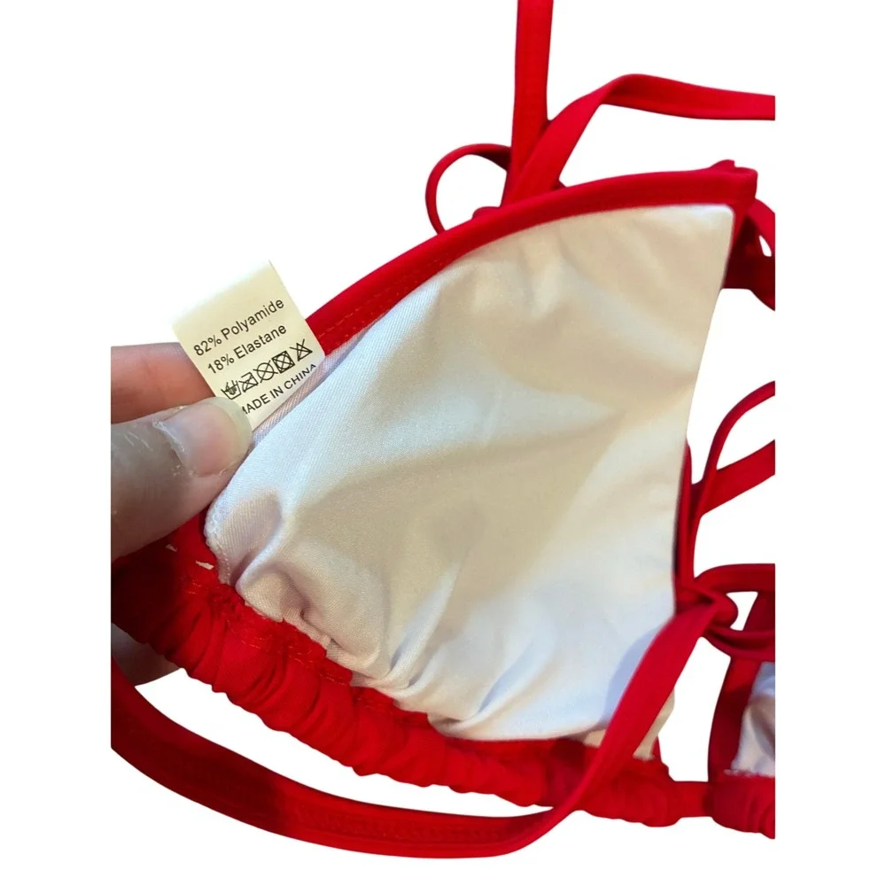 Bikini Set Women Small Red New Triangle Side‎ Tie Ruched Swimwear